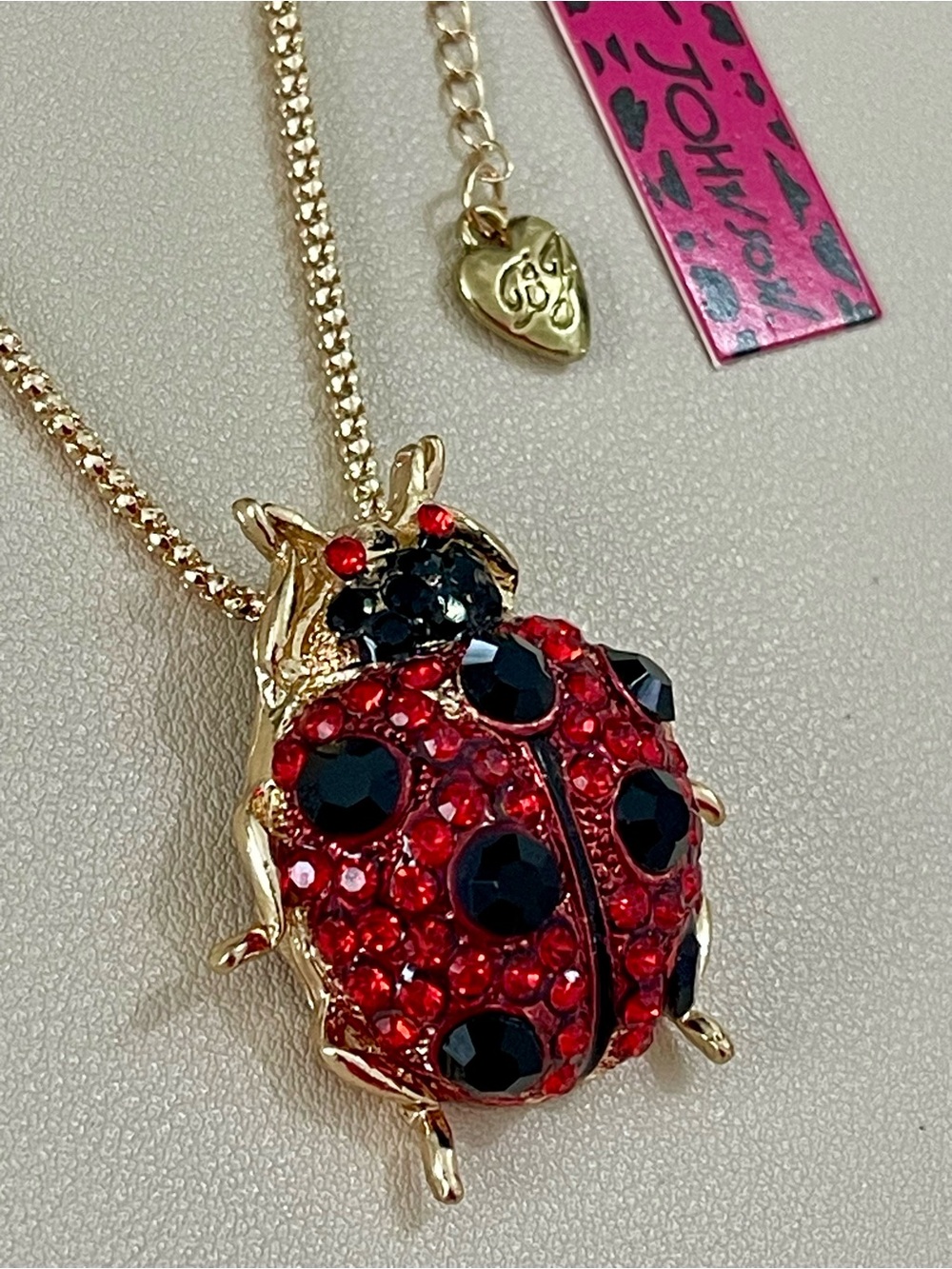 Betsey Johnson Gold-Tone Red & Black Crystal Ladybug Pendant Necklace - Picture 3 of 7